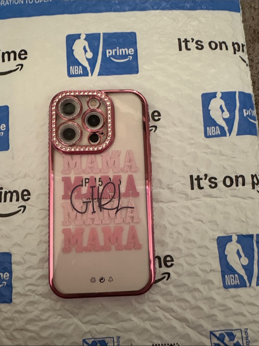 Pink Glitter 'MAMA' Camera iPhone Case with Rhinestone Trim